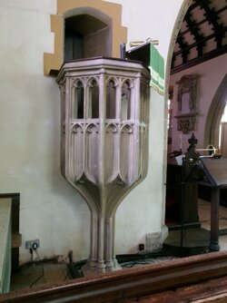 260810-5830 Cromhall St Andrew carved perpendicular style wine glass 1853 shaped stone pulpit ...JPG