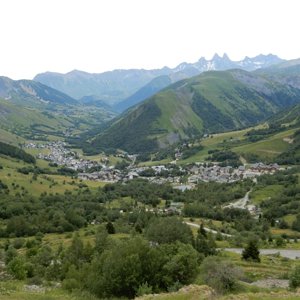 View down to ski resort town of Saint-Sorlin-d'Arves from near the Col de la Croix de Fer