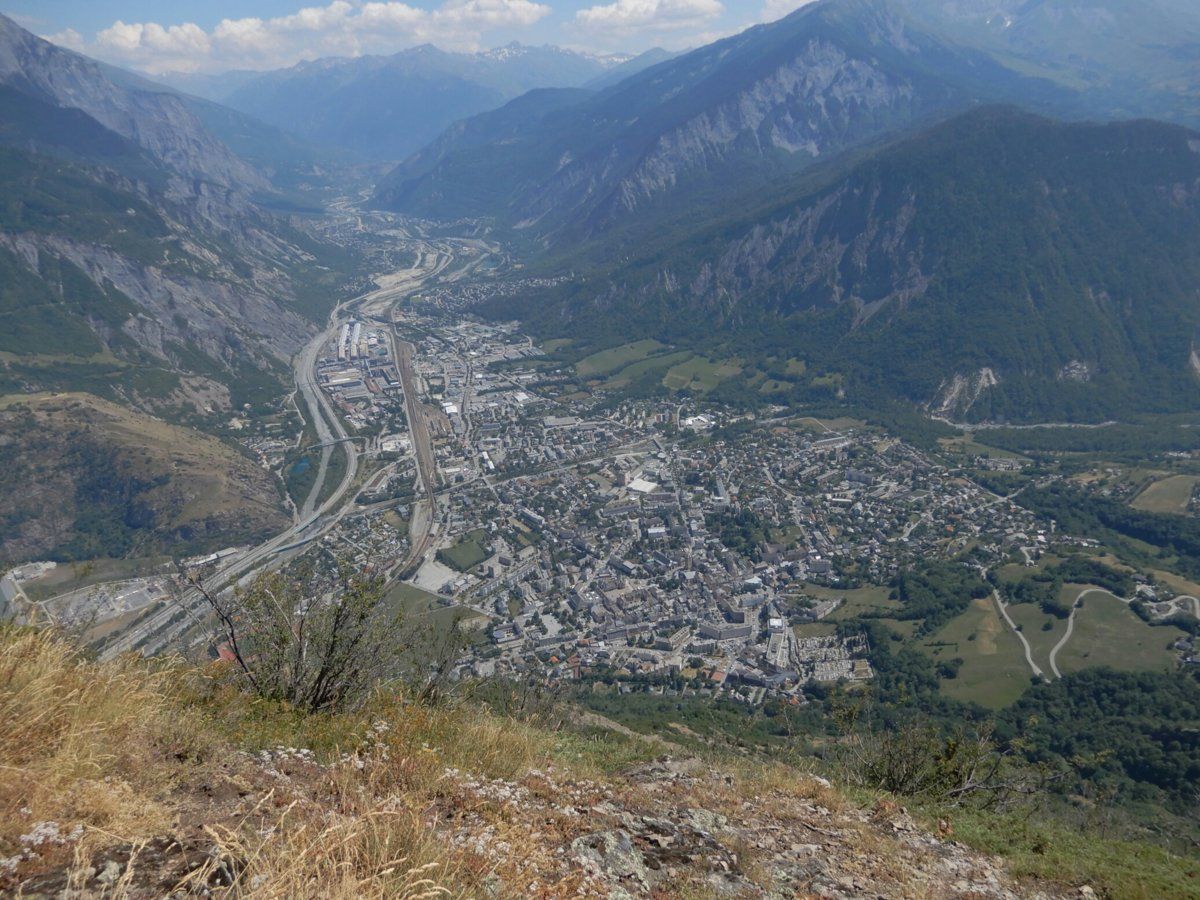 Saint-Jean-de-Maurienne viewed from Croix de Chevrotière on cliff 900m above