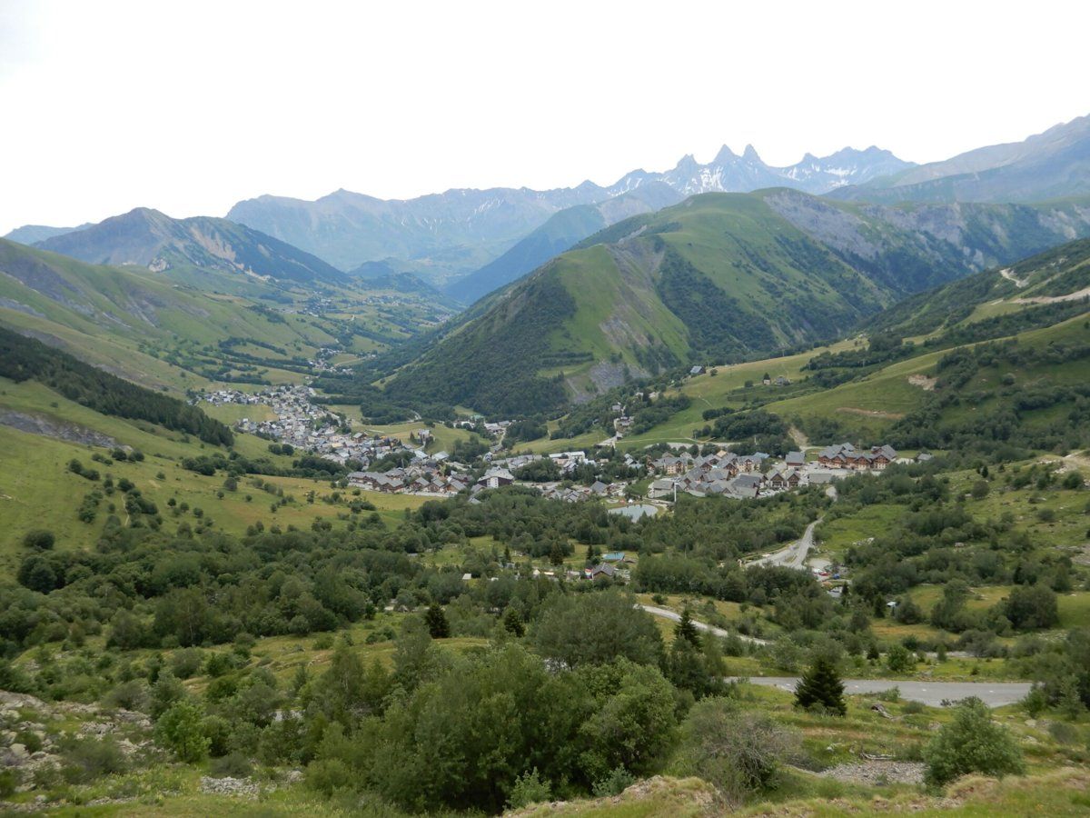 View down to ski resort town of Saint-Sorlin-d'Arves from near the Col de la Croix de Fer